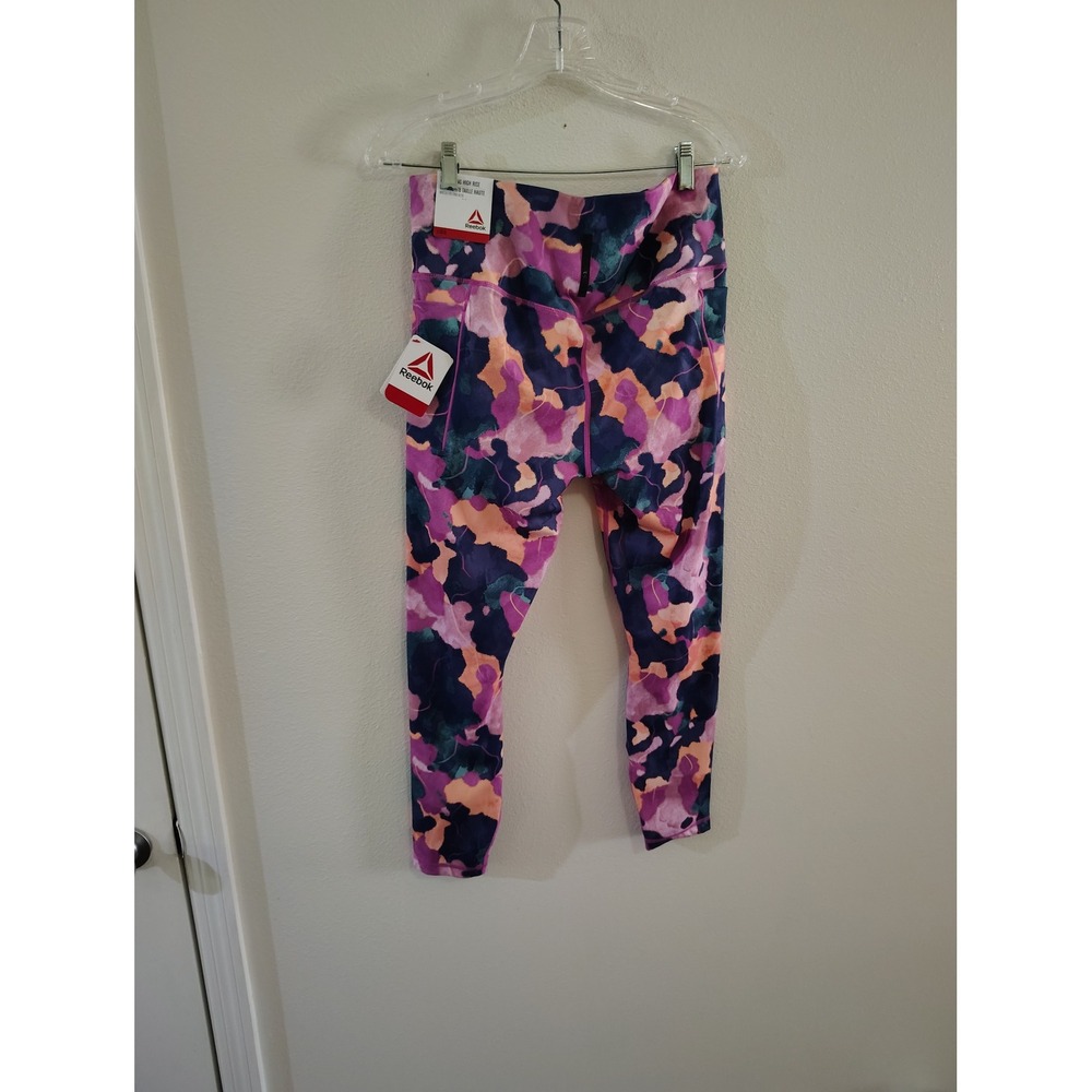 Reebok Womens High Rise Watercolor Camo‎ Performance Leggings Purple Navy Large - Picture 3 of 3
